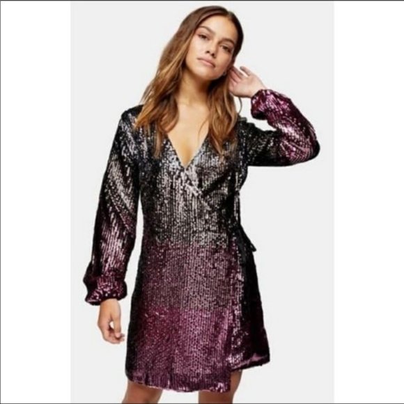 Topshop Ombre Sequin Long Sleeve Wrap Minidress 2 - Picture 2 of 4